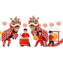 Naklejka premium Chinese Lion Dance Performance with Drummers and Gongs.