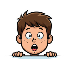 Surprised young boy peeking over edge with wide eyes and open mouth