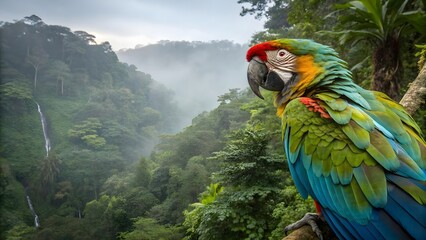 A blue-and-yellow macaw perched in a misty rainforest with a waterfall.