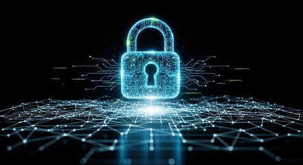 Digital lock symbol glowing over network grid representing data security