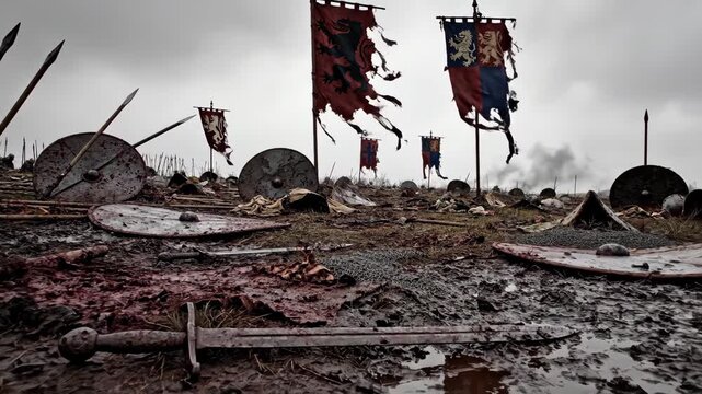 Empty medieval battlefield. A quiet medieval battlefield after conflict, with banners fluttering in the wind and abandoned weapons scattered across the ground.