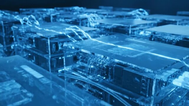 Tracking shot of a modern digital server farm with glowing blue lights and fiber optic cables representing high speed data transmission and cloud storage technology