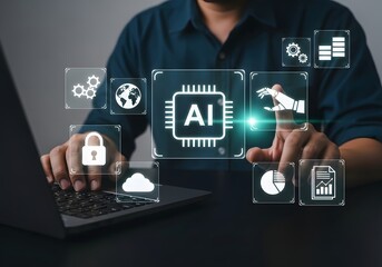 Man interacting with ai interface on laptop with digital icons and futuristic technology shown