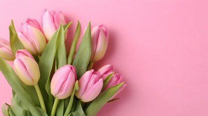 Fototapeta premium Colorful Spring Tulip Bouquet on Pink Background. Spring, Mothers Day, Birthday, or Valentines Day Greeting Card Concept. Colorful tulip bouquet wrapped on pink background