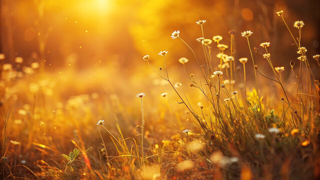 A serene field of wildflowers basking in the warm golden light of sunset