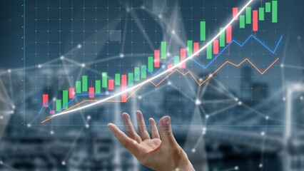 A hand is reaching towards a vibrant stock market graph featuring colorful candlestick patterns, representing growth and trends in the financial economy and data analysis. Copula