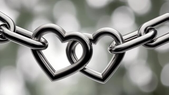 Two heart-shaped links connect in a shiny chain highlighting love and unity