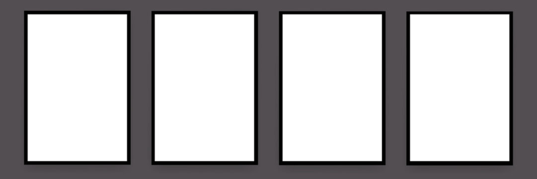 Set of 4 blank white poster mockups with black frames on dark grey background, realistic vertical frames for art and photography presentation. Vector blank poster collection
