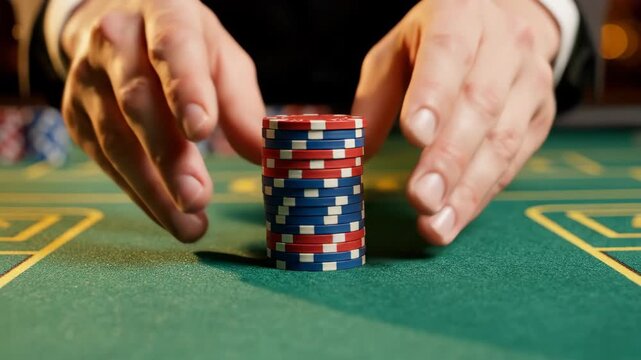 Casino table chip placement. Close-up view of hands carefully placing poker chips onto a felt table, emphasizing texture and precision.