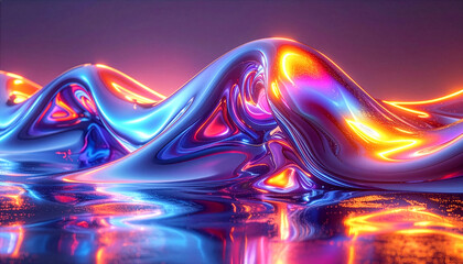 Abstract vibrant glowing waves of iridescent liquid metal with neon reflections and sparkles
