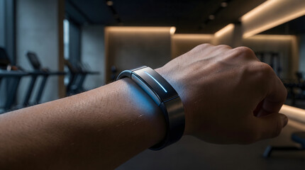 Minimalist Digital Health Tracker Glowing on Wrist in Modern Gym, High-Tech Fitness Wearable and Smart Watch with Copy Space