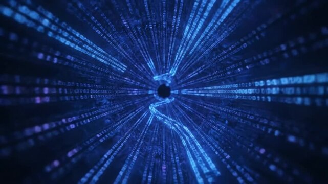 Abstract blue digital tunnel with flowing binary code representing high speed data transfer and cyber security technology