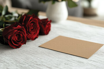 Three bold red roses artfully arranged next to a rustic brown cardstock, embodying passion and romance&mdash;a perfect symbol for love and heartfelt messages.