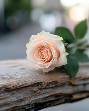 A beautiful peach rose delicately resting on a rustic wooden log, creating a warm and natural aesthetic perfect for nature-inspired designs and compositions.