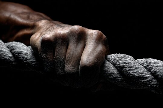 Close-up of chalked hands gripping a thick battle rope, tension visible in veins, black background, sharp directional light, high contrast, sleek athletic aesthetic