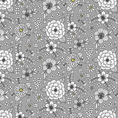 Seamless English cottage core pattern with white flowers  and grey background