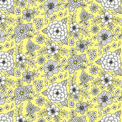Seamless English cottage core pattern with white flowers  and light yellow background