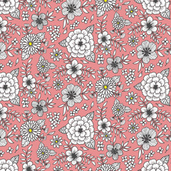 Seamless English cottage core pattern with white flowers  and beige background