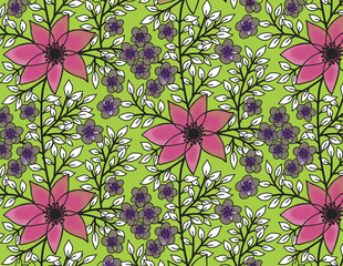 Seamless pattern with pink and purple flowers with white leave under green background