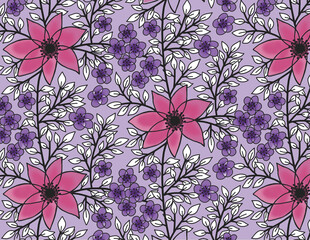 Seamless pattern with pink and purple flowers with white leave under purple background
