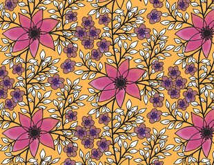 Seamless pattern with pink and purple flowers with white leave under orange background