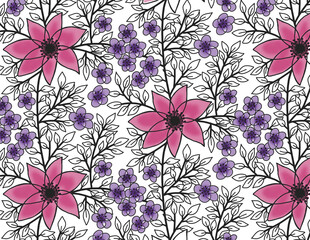 Seamless pattern with pink and purple flowers with white leave under white background