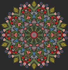 Scandinavian native snow mandala nature ethnic illustration in black charcoal