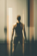 Obraz premium Abstract strength concept, middle aged female athlete framed behind vertical light beams, geometric composition, modern cinematic sports branding style