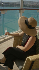 Naklejka premium Woman wearing widebrim hat holds a wine glass on a building terrace, seated in wicker chair by glass rail overlooking sea; relaxation.