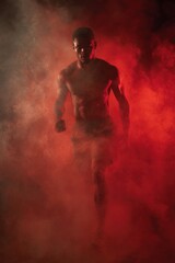 Fototapeta premium male athlete walking forward through smoke, carrying unseen weight, determination theme, dramatic sports lighting 