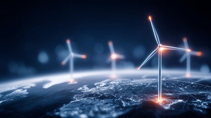 Wind turbines on a global map, representing renewable electricity and sustainable energy transition.
