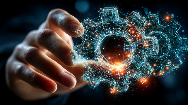 Hand interacting with digital gear mechanism, representing automation, system integration, and workflow control.
