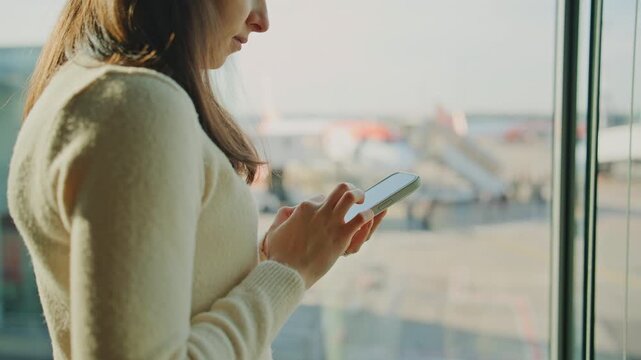 Woman texting on smartphone at airport window, travel app before flight