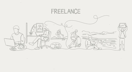 Fototapeta premium Freelance lifestyle and work concepts with people using laptops in various settings