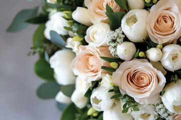 A stunning bouquet filled with soft peach and creamy white roses, adorned with delicate greenery, capturing the essence of fresh blooms and the beauty of floral arrangements.