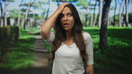 Fototapeta premium Young hispanic woman with hand on forehead in forest park path, mouth open and visibly wide eyed; surprise.