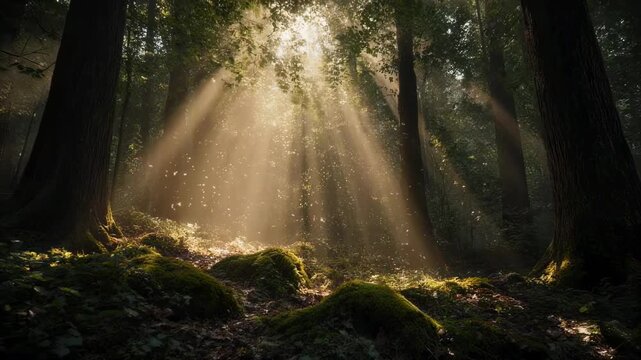 Sunbeams pierce a mossy forest floor, illuminating swirling dust motes
