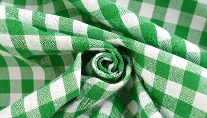 A close-up shot showcasing a rolled-up, green and white checkered fabric with textured folds