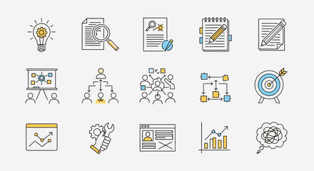 Collection of business strategy and management icons in line style