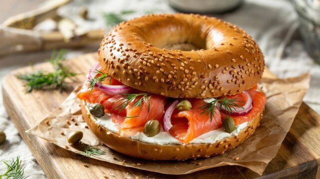 A dish of New York cuisine. Bagel with lox and cream cheese.