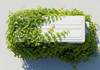 Air conditioner unit covered in lush green foliage, symbolizing eco-friendly cooling and sustainable energy.
