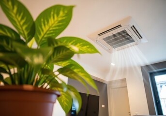 Air conditioning unit on ceiling with green plant in foreground.