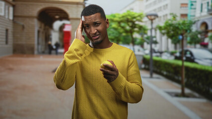 Fototapeta premium Young black man holding lemon, touching temple on street with archway and lamppost and parked car, wearing yellow sweater; confusion.