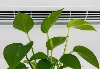 Lush green pothos plant thriving indoors with an air conditioner vent in the background, symbolizing fresh air and natural beauty.