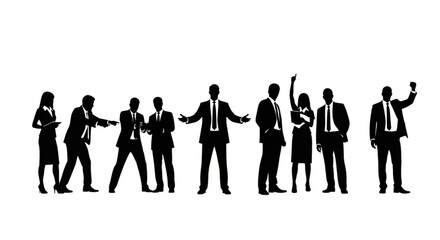 A group of business people in silhouette standing and interacting in various poses on a with gestures and movements