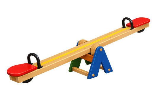 Colorful wooden seesaw on transparent background, symbolizing childhood fun, balance, and playtime activity