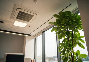 Modern Office Interior with Air Conditioning Unit and Green Plant by Window.