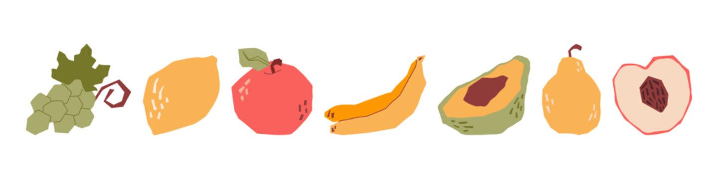 Set of colorful fruits in abstract minimal style. Icons of bright tropical fruits: avocado, banana, pear, grapes, apple, lemon and peach. Trendy vector design
