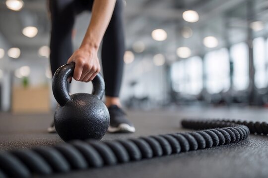Person lifts kettlebell in gym during workout session