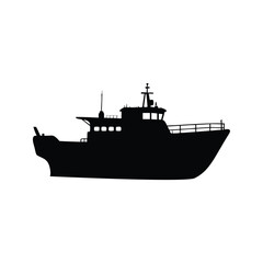 Obraz premium boat at harbor black silhouette, Modern industrial ship silhouette vector illustration, Silhouette of a modern industrial ship vector illustration